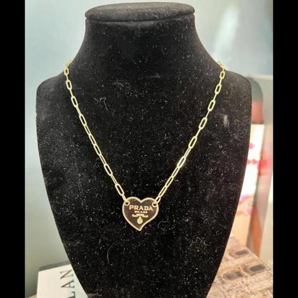 Prada Milano Gold Heart Logo Patch Pendant with Paperclip Necklace (PRXX030) - Picture 2 of 5
